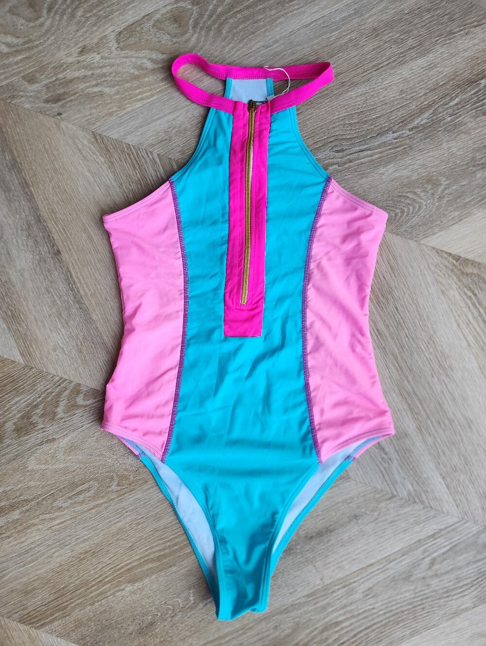 Brand NEW Colorful Zip-Front Swimsuit- Pink & Aqua - Picture 3 of 5